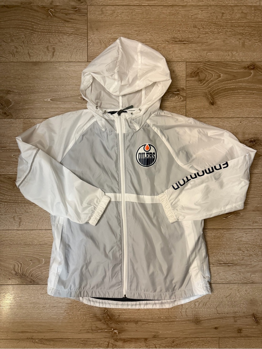 Men’s Edmonton Oilers White & Light Gray Hooded Windbreaker